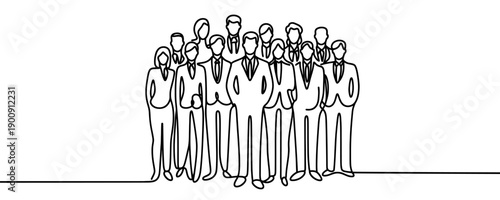 A large group of businessmen and office workers in suits in one line art style. Business team drawn with one continuous black line. Vector illustration.