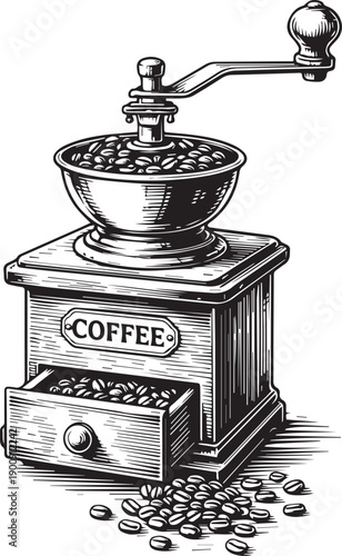 A detailed vintage illustration of a coffee grinder and beans. The wooden coffee grinder, is filled with coffee beans and some scattered on the table ready to make a great coffee.
