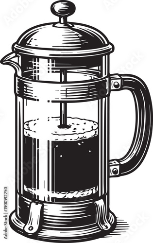 A detailed line art of a french press, its design conveying the artistry of the perfect cup of coffee. The coffee brewing with a classic approach.