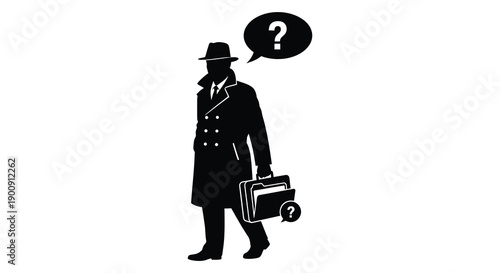 A silhouetted figure of a man in a coat and hat contemplates a question holding a briefcase