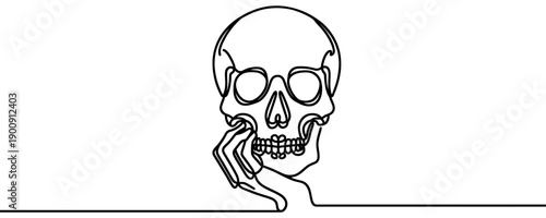 Human skull resting on a hand in one line art style. Minimalist Thinker style illustration drawn with one continuous black line. Vector illustration.