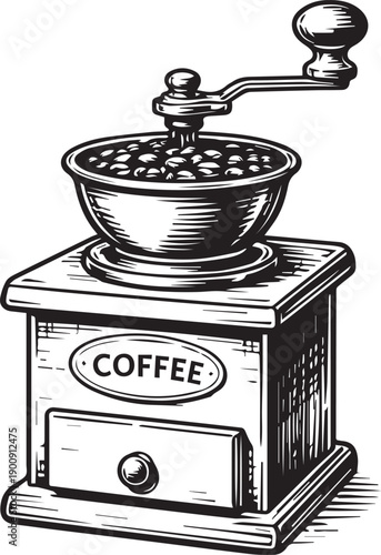 A detailed, old-fashioned coffee grinder filled with roasted coffee beans, a classic scene emphasizing the origins of a rich coffee experience. 