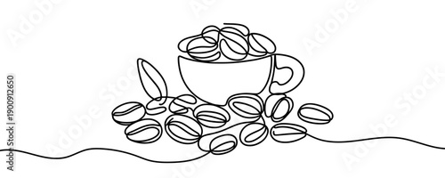 Description: A cup filled with coffee beans in one line art style. Minimalist illustration of fresh coffee and energy drawn with one continuous black line. Vector illustration.