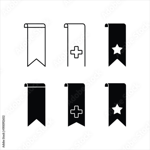 Set of six ribbon banner icons in varying styles and colors