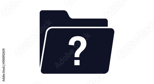 A minimalist graphic depicts a dark blue folder icon containing a large white question mark symbol high quality
