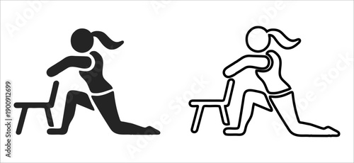 Woman Performing Chair Yoga Stretch and Home Exercise Vector Icon Set Isolated on White Background
