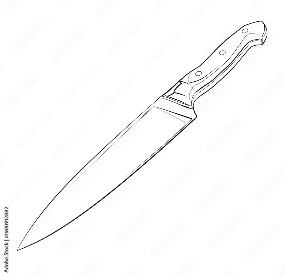 Obraz premium A detailed black and white illustration of a chef's knife, angled on a dark background