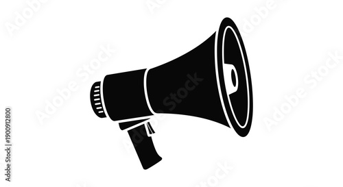 A stark black and white illustration depicts a classic megaphone isolated on a clean white background symbolizing communication high quality