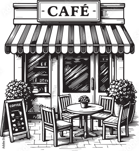 A charming quaint cafe exterior with cafe sign and outdoor seating, illustration style evoking a cozy and inviting atmosphere.