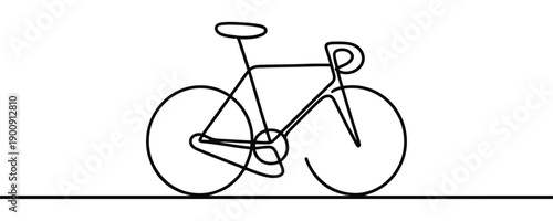 Description: Road bicycle in one line art style. Minimalist illustration of a sports racing bike drawn with one continuous black line. Vector illustration.