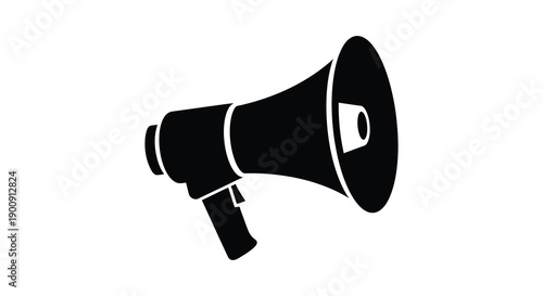 A stark black silhouette depicts a vintage megaphone angled slightly suggesting communication and broadcasting high quality professional detailed