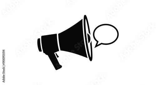 A stark black silhouette depicts a megaphone paired with a speech bubble signifying announcement or communication high quality