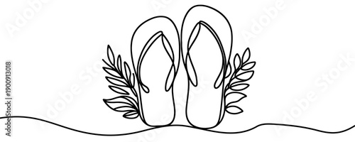 A pair of beach flip-flops in one line art style. Minimalist illustration of summer footwear for vacation drawn with one continuous black line. Vector illustration.