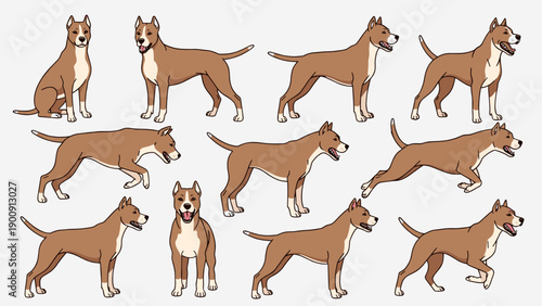 Pitbull dog animation sprite sheet vector showing frame by frame movement of running walking sitting and standing cycle for game asset