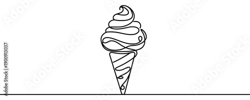 Ice cream in a waffle cone in one line art style. Minimalist illustration of a summer dessert drawn with one continuous black line. Vector illustration.