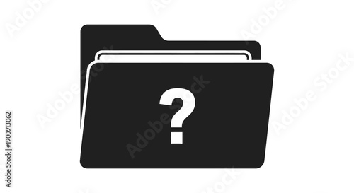A minimalist black and white illustration depicts a folder icon with a central question mark inside high quality
