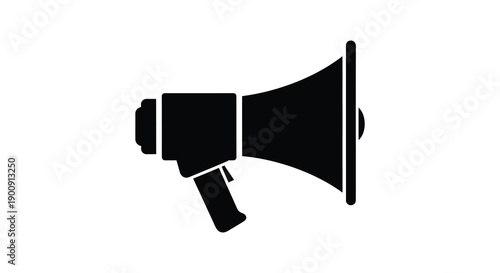 A stark black silhouette of a vintage megaphone is displayed against a plain white background symbolizing communication