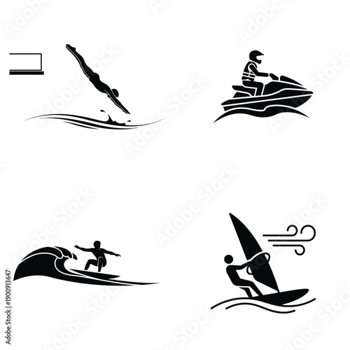 Water sports silhouette icon set featuring diving surfing jet ski and windsurfing for summer design.