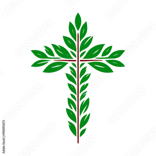 Christian cross formed from green leaves on a brown stem. Colored icon isolated on white background. Vector illustration.