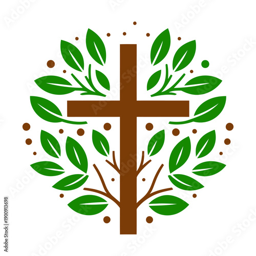 Christian cross surrounded by green leaves and decorative elements. Colored icon isolated on white background. Vector illustration.