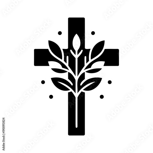 Christian cross with a leafy branch in the center and decorative dots around it. Black silhouette icon with textured details on white background. Vector illustration.