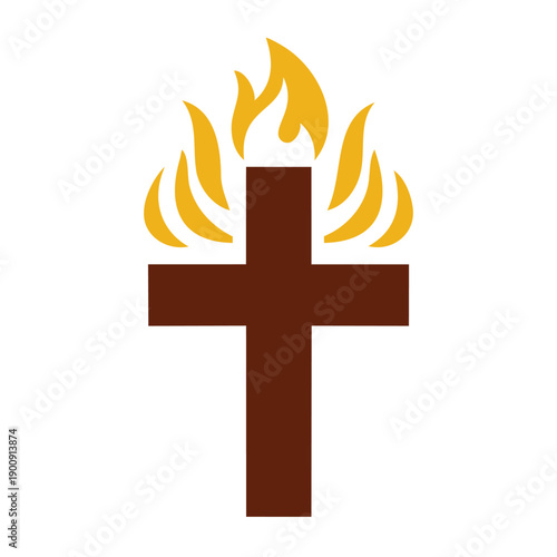 Christian cross with flame icon. Colored icon isolated on white background. Vector illustration.