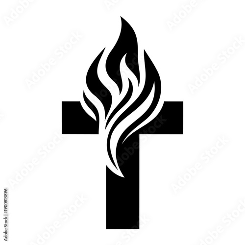 Christian cross with flame icon. Black icon isolated on white background. Vector illustration.