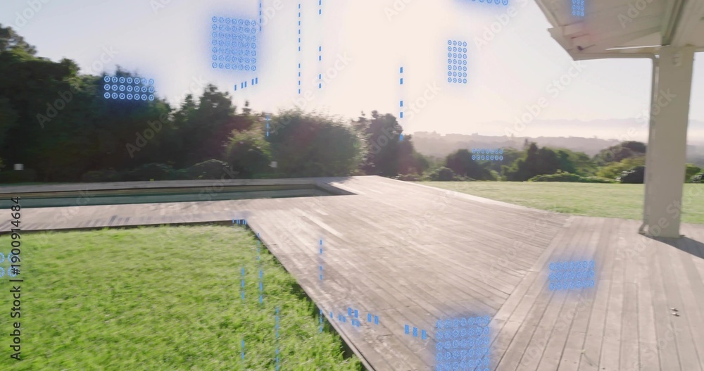 Fototapeta premium Showing wood deck and pool leading to hills in backyard, with patio column and blue artifacts