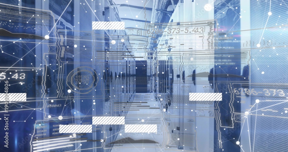 Fototapeta premium Framing central aisle running through data center, highlighting server racks and digital overlays