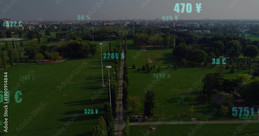 Fototapeta premium Stretching tree-lined central promenade running through city park with lamp posts and teal overlays