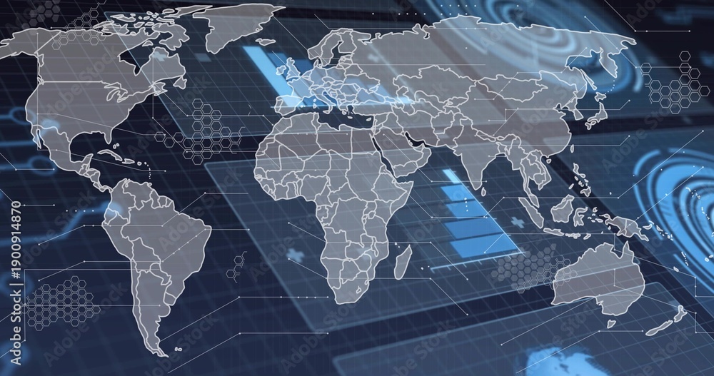 Naklejka premium Displaying stylized world map showing continent borders on interface, with hex clusters and grid