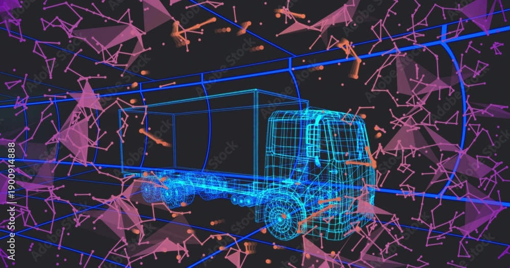Fototapeta premium Driving cyan wireframe box truck moving through neon-lit data tunnel, with floating polygon meshes
