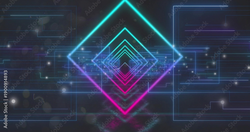 Fototapeta premium Pulsing nested neon diamonds receding into tunnel, mirroring glossy floor with specks and grid