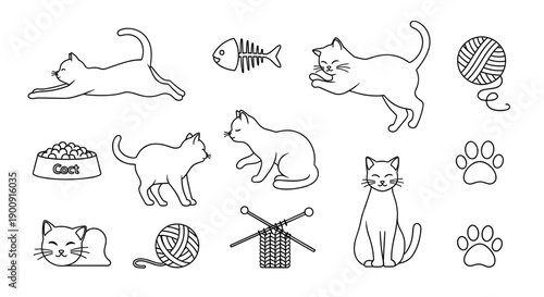Horizontal Set of Playful Cat Icons and Accessories