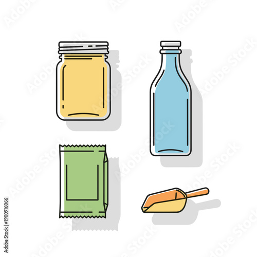 Flat vector icons of kitchen ingredients including oil bottle and glass jar