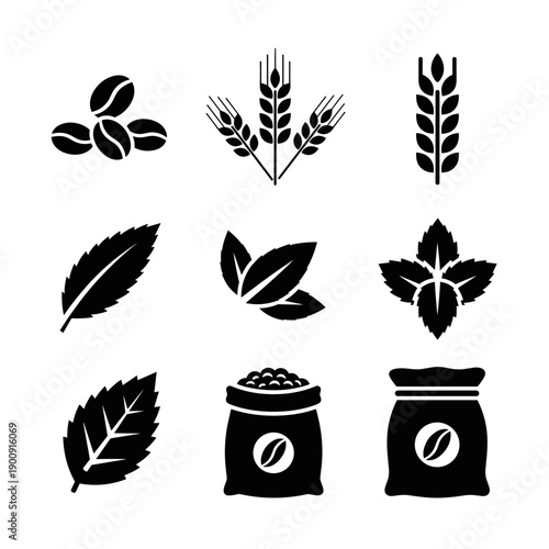 Set of black coffee and grain icons including beans and storage bags