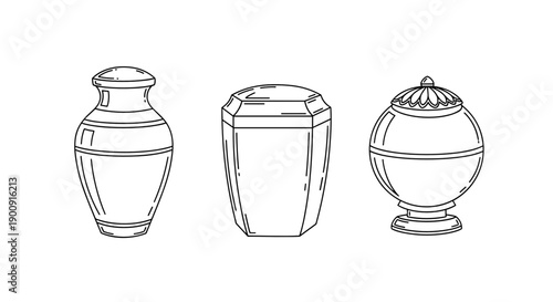 Funeral urn icons set in line style black memorial symbols