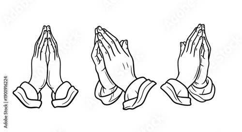 Praying hands icon set with religious gesture outline