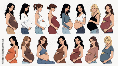 Vector set of pregnant woman portraits holding belly with love. Collection of happy expecting mothers half body view. Maternity and pregnancy character design illustrations.