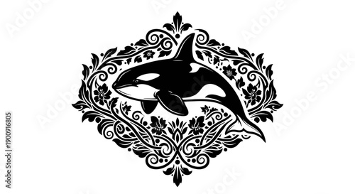 Ornate Floral Frame with Orca Whale Illustration