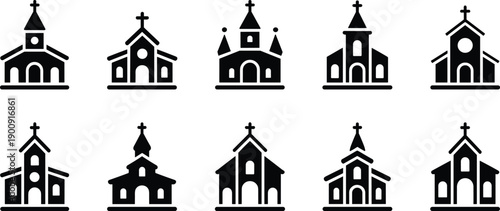 Church building icon set, christian religion architecture symbols, chapel and cathedral silhouettes, black and white flat vector collection