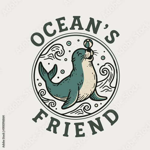 A cute seal playing with a ball on its nose in the ocean.