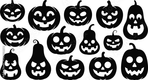Halloween pumpkin face icon set, spooky jack o lantern expressions, scary holiday symbols, black and white flat vector collection