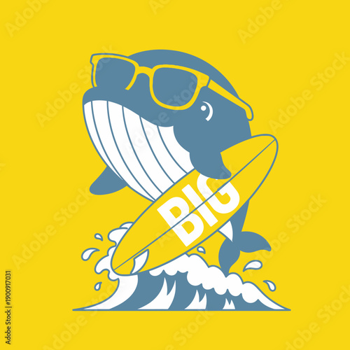 Cool Whale Surfer with Sunglasses and Big Surfboard.