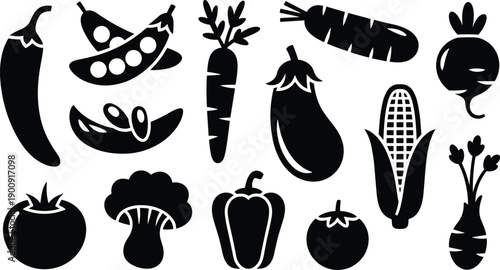 Vegetable icon set, fresh garden food symbols, healthy organic produce collection, black and white flat vector illustration design elements pack