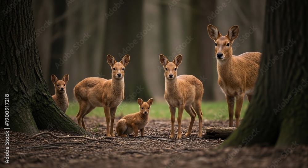 Obraz premium A group of deer, including fawns, stand alert in a dense, dark forest, their light brown coats contrasting with the deep green and brown tones of the trees and undergrowth.