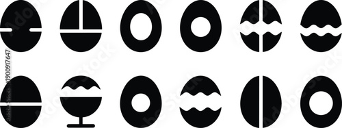 Abstract egg shape icon set, minimalist geometric symbols, black and white flat design, modern infographic elements collection