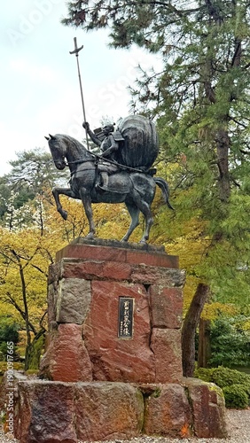 Statue of the rider - the first ruler of the Maeda clan, Toshiie, on horseback in Kanazawa, Japan,
