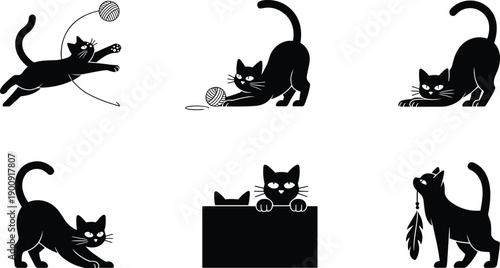 Playful black cat silhouette illustration set, cute feline poses, minimal flat design, pet behavior concept, isolated vector collection