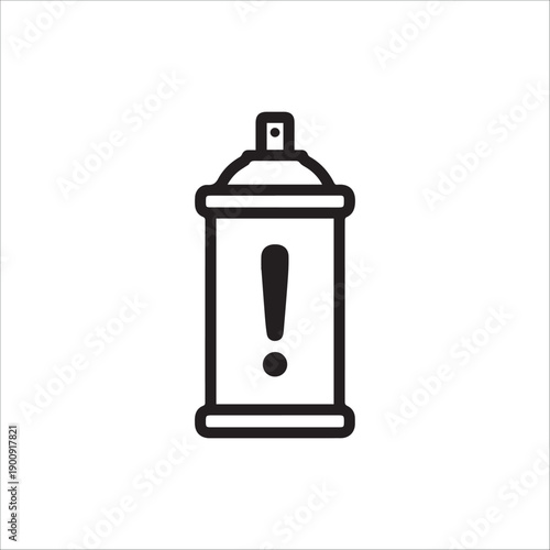 A black and white illustration of a spray can with an exclamation mark